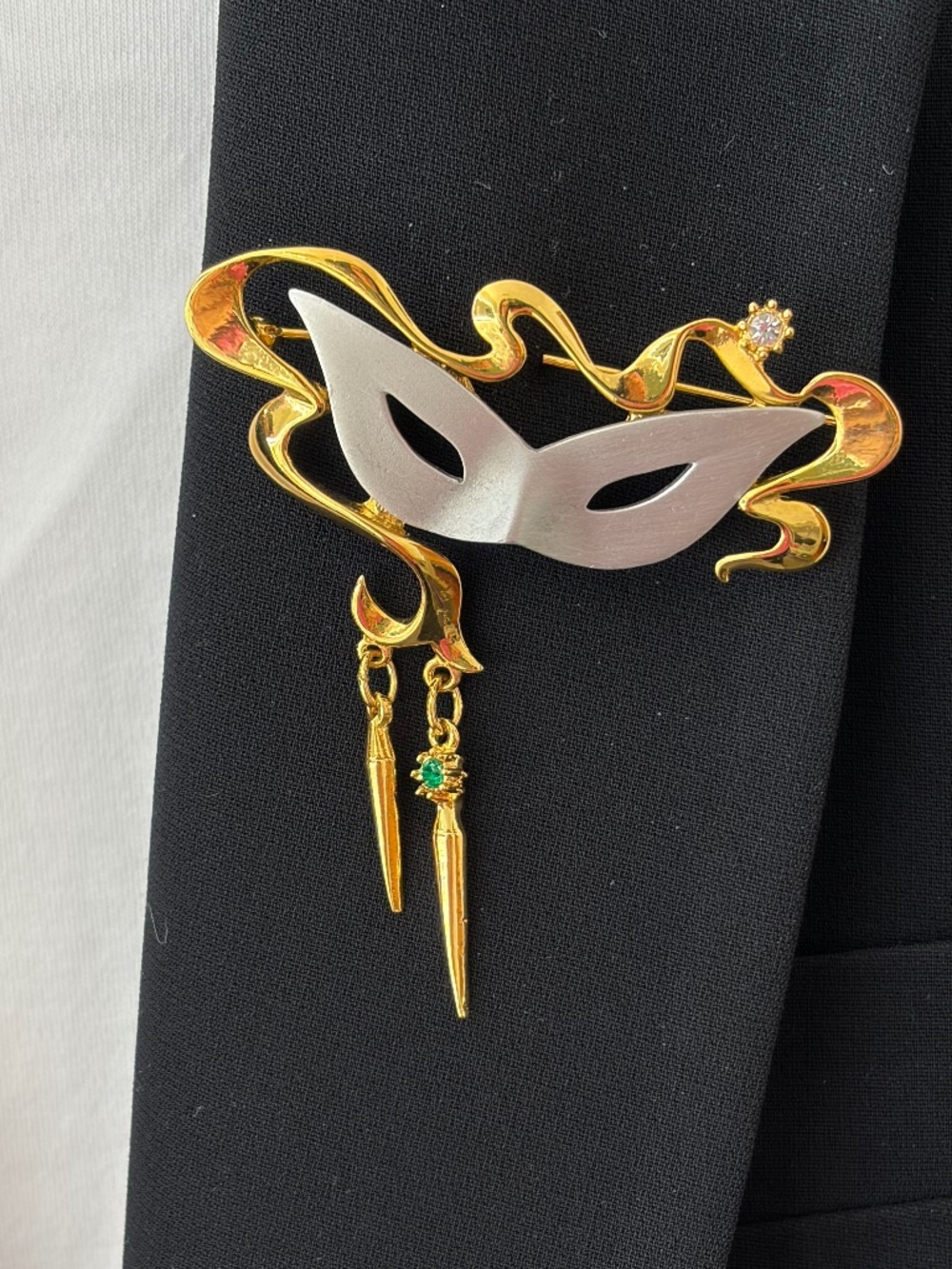 Vintage JJ Jonette Masquerade Mask Brooch, Silver and Gold Tone